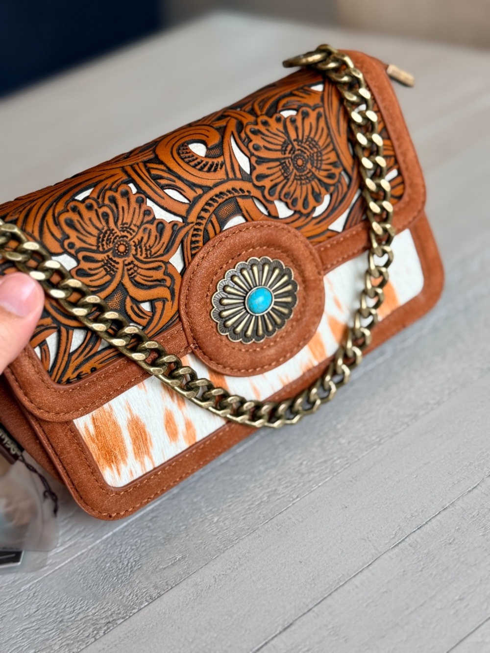 Trinity Ranch Cowhide Floral Cutout Crossbody Bag Brown